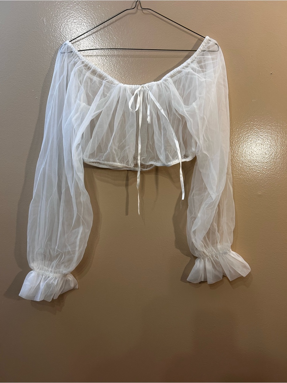 Sheer White Off-Shoulder Cropped Peasant Top